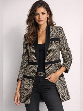 Chico’s Black Label Metallic Jacquard Blazer Jacket Gold Black Open Front Size 0